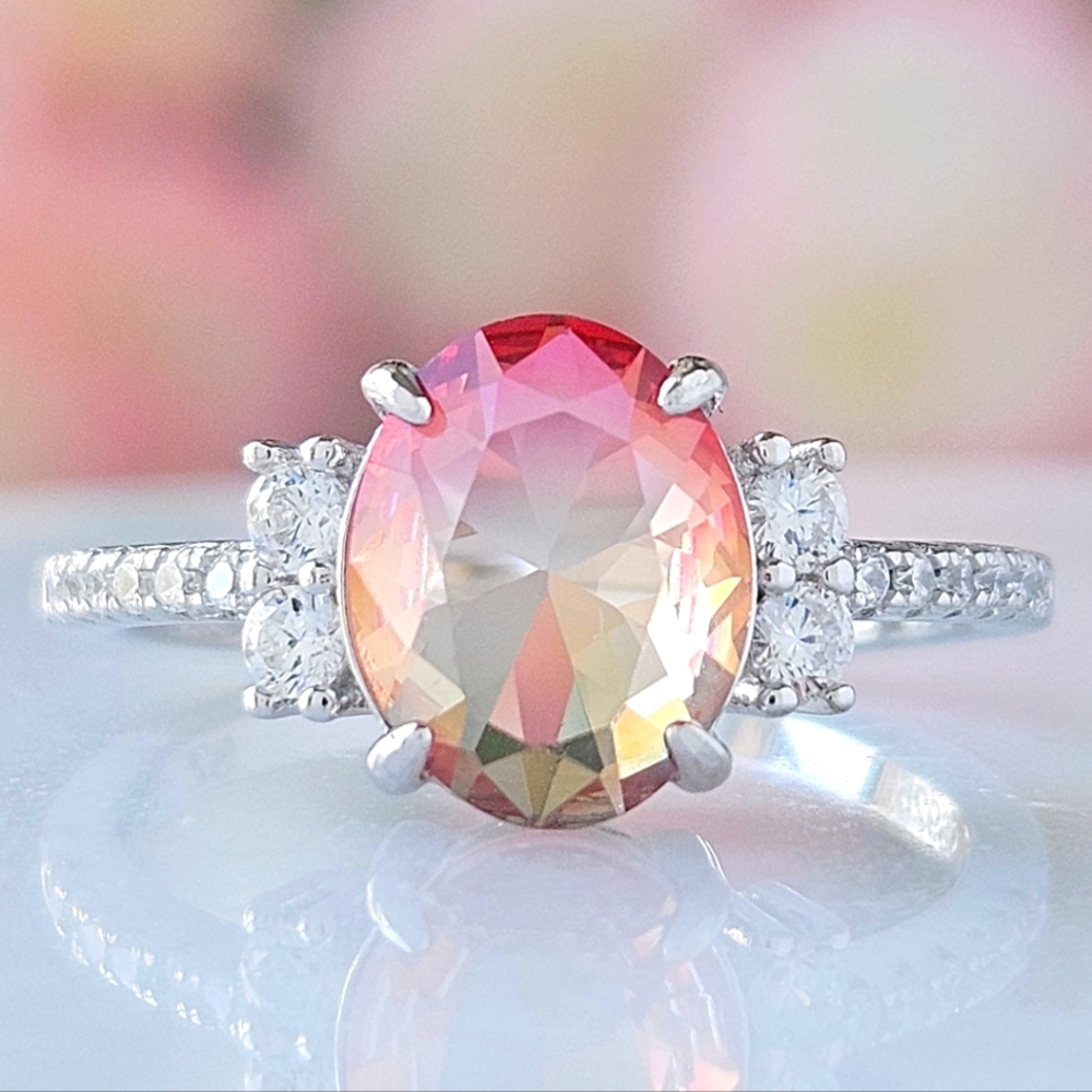 Oval cut peach anf pink gemstone ring, 925 Sterling Silver Charmed Aroma